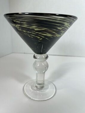 Handblown Martini Glass with Olive Green Black Swirl Art Glass Vintage
